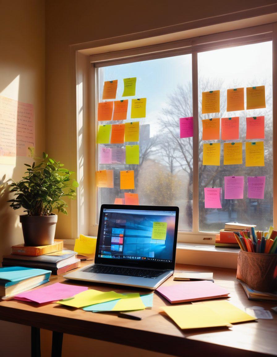 A vibrant workspace featuring an open laptop with a blank blog page on the screen, surrounded by books on writing, a cup of coffee steaming, and colorful sticky notes with motivational quotes. The background shows a bright window with sunlight streaming in, symbolizing inspiration. The overall feel should be warm and inviting, encouraging creativity and productivity. super-realistic. vibrant colors.