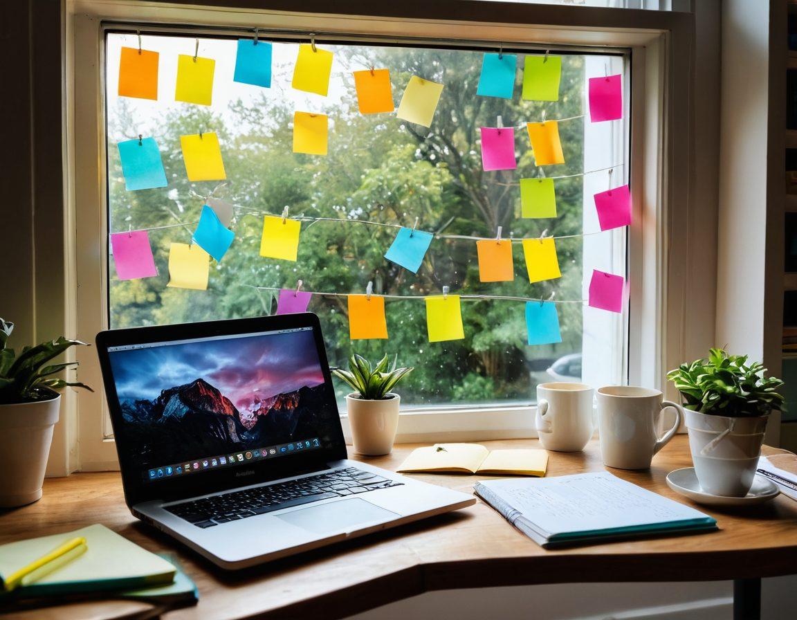 A cozy workspace featuring a laptop open to a blog page, surrounded by colorful sticky notes with ideas, a steaming cup of coffee, and books on writing and creativity. A light bulb above symbolizes inspiration, while a window reveals a sunny landscape outside. The scene conveys a welcoming and productive atmosphere. vibrant colors. super-realistic. white background.